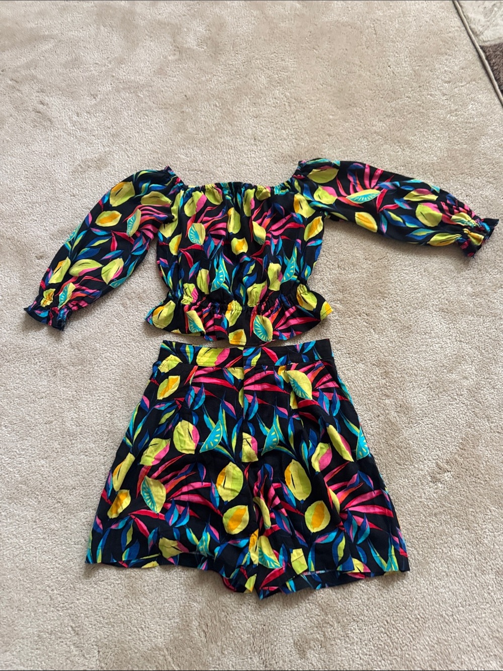 Tabitha Brown Girls Black Tropical Leaf Print Two-Piece Shorts Set